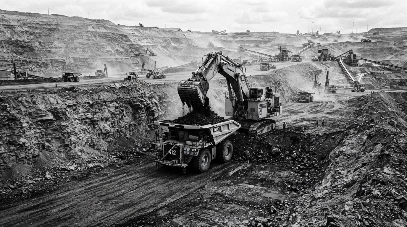 Coal being loaded into dumper trucks at an open-cast mine
